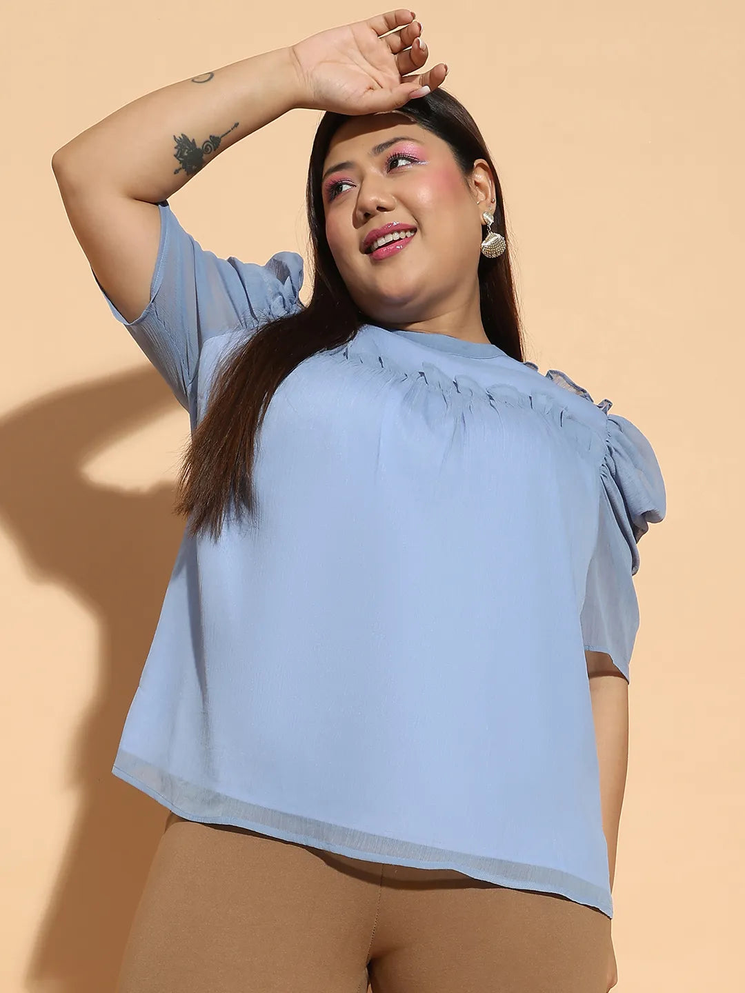 Flirty Blue  Short Sleeve With Gather Pleates Ruffle Detail  Plus Size Women Top