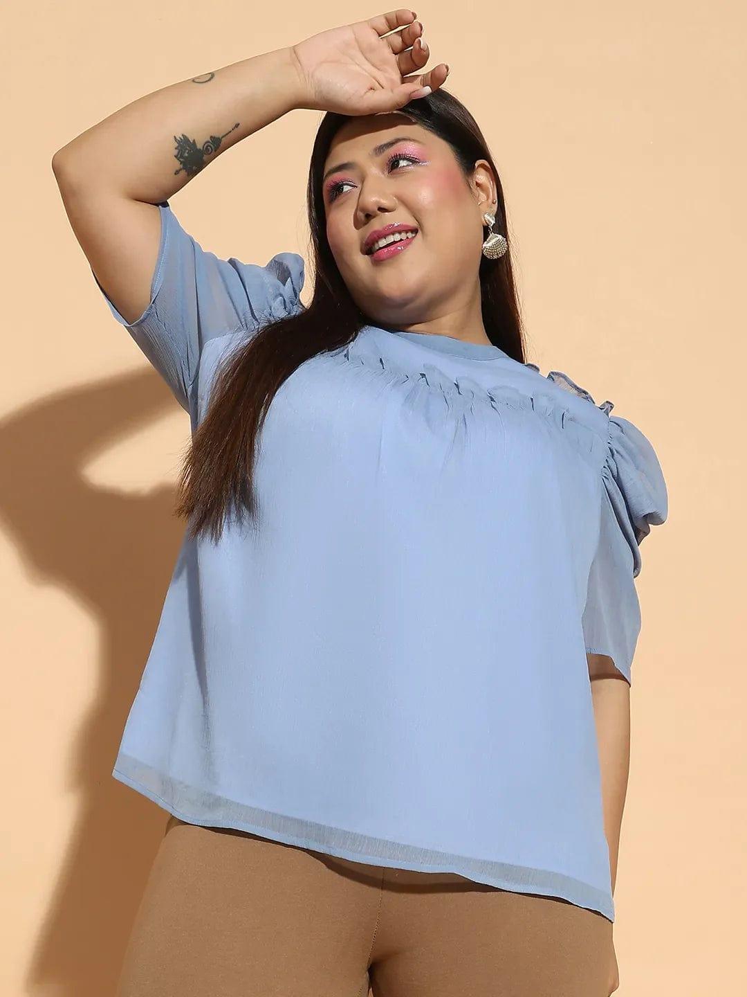 Flirty Blue  Short Sleeve With Gather Pleates Ruffle Detail  Plus Size Women Loopy Top