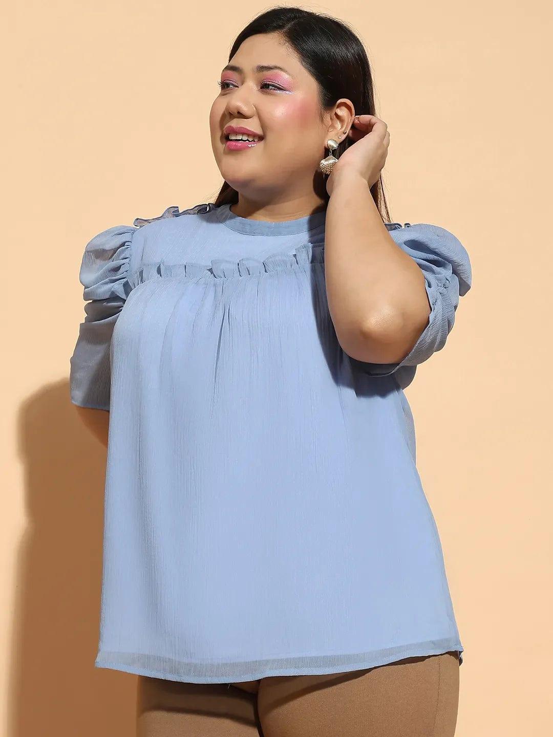 Flirty Blue  Short Sleeve With Gather Pleates Ruffle Detail  Plus Size Women Loopy Top