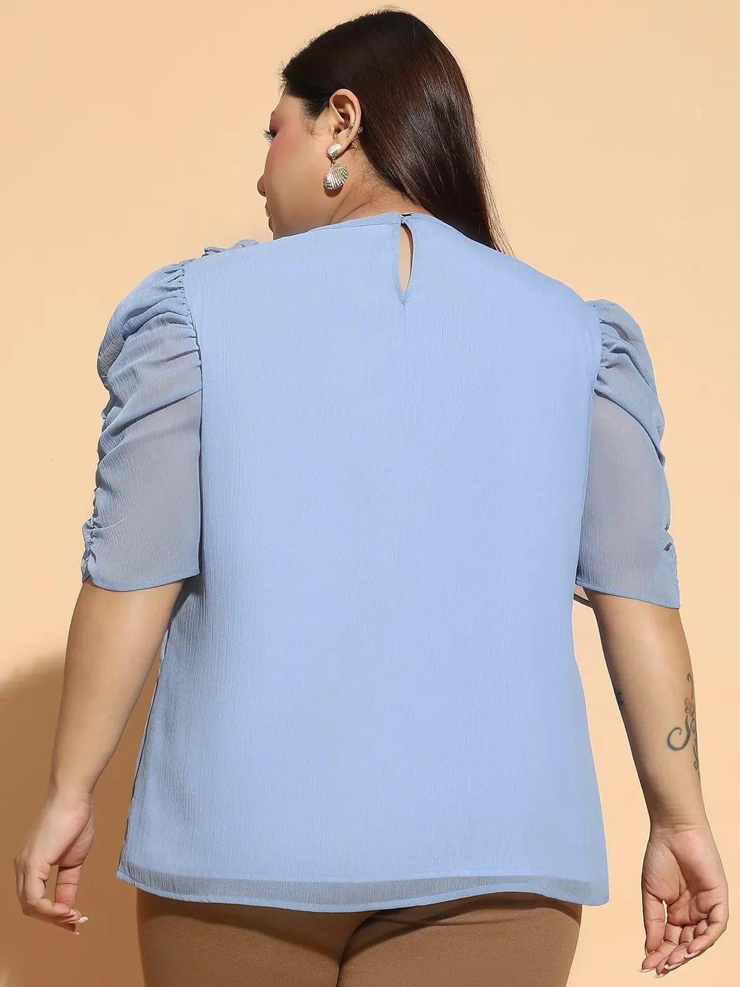 Flirty Blue  Short Sleeve With Gather Pleates Ruffle Detail  Plus Size Women Loopy Top