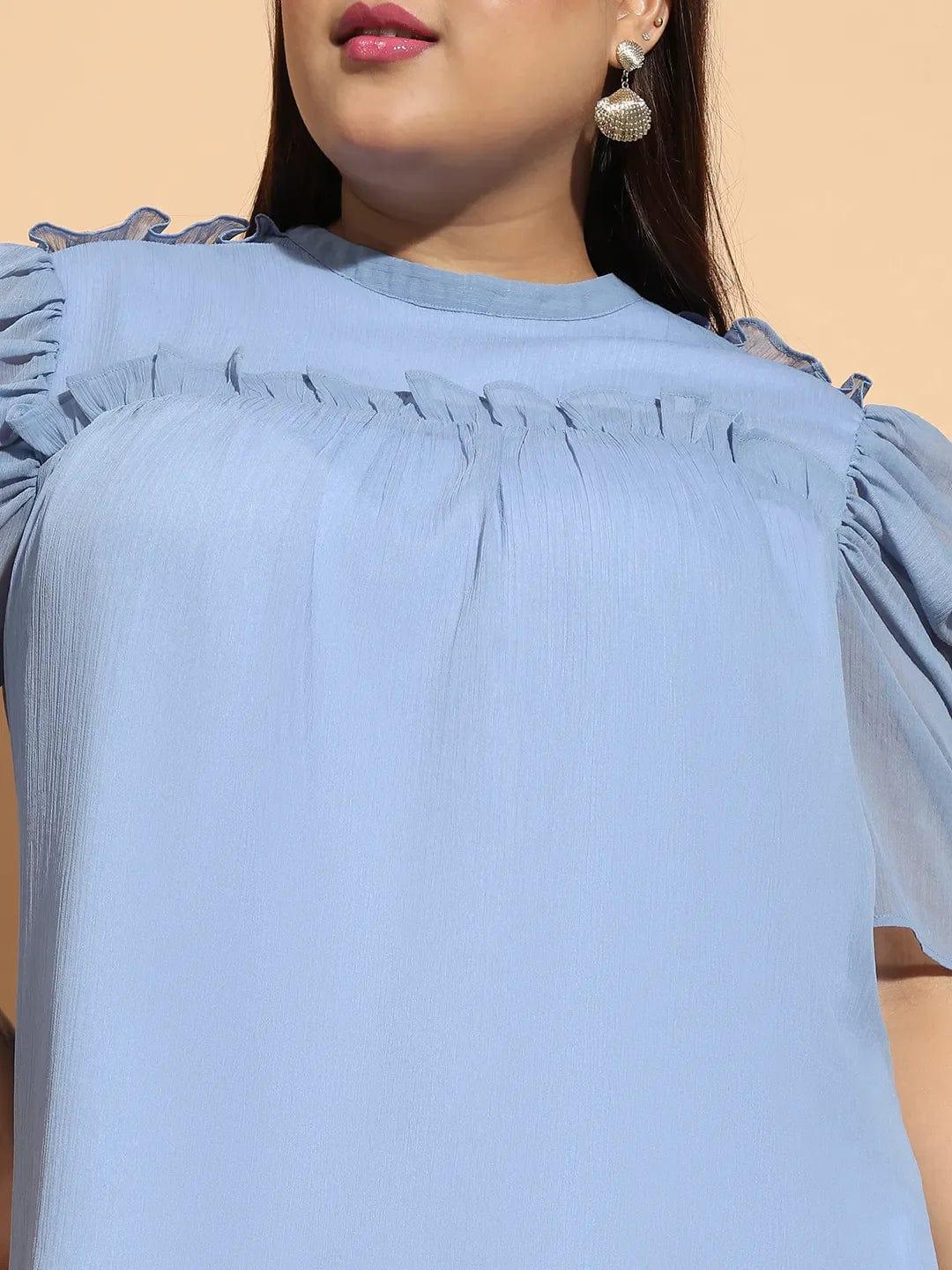 Flirty Blue  Short Sleeve With Gather Pleates Ruffle Detail  Plus Size Women Loopy Top