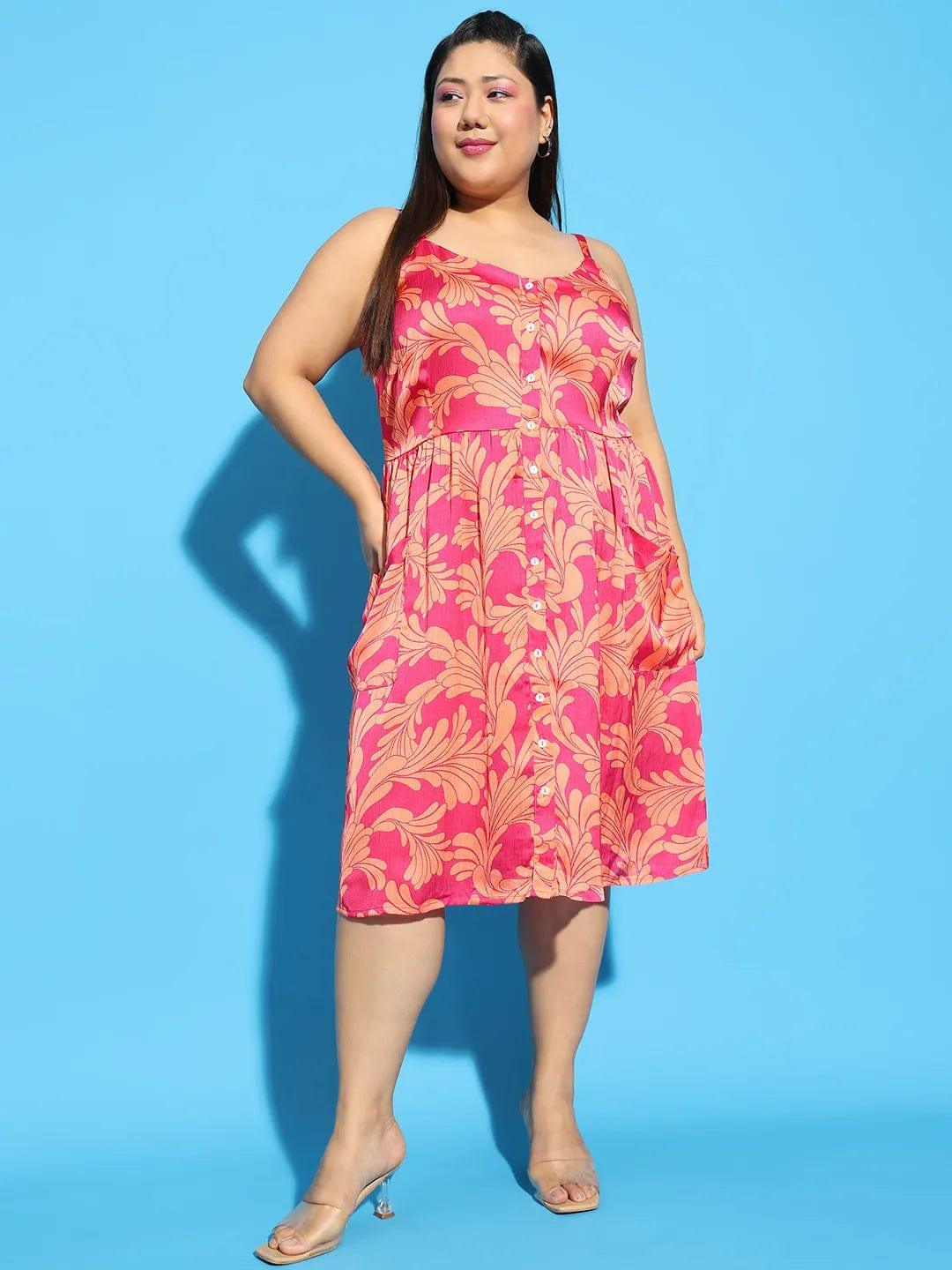 Bliss Pink Floral Print Button Down Knee Length Plus Size Curvy Women Dress