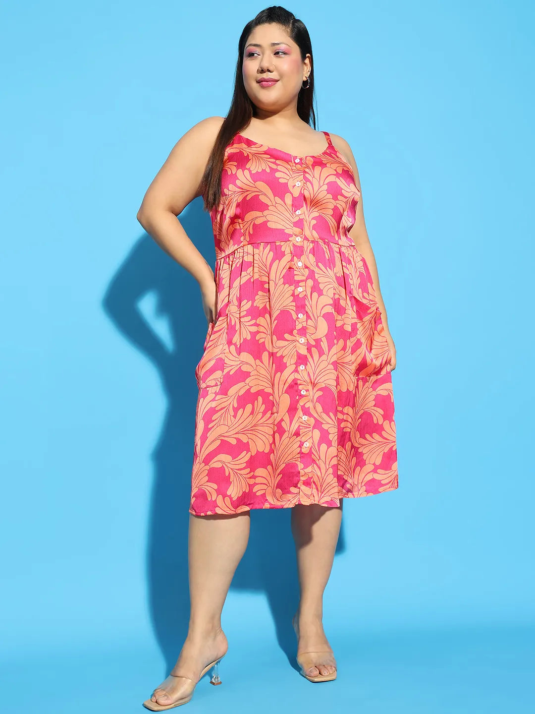 Bliss Pink Floral Print Button Down Knee Length Plus Size Women Dress