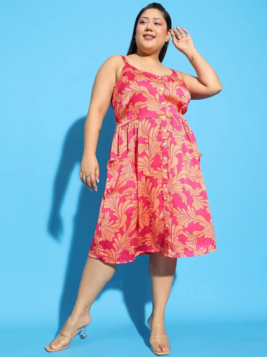 Bliss Pink Floral Print Button Down Knee Length Plus Size Curvy Women Dress