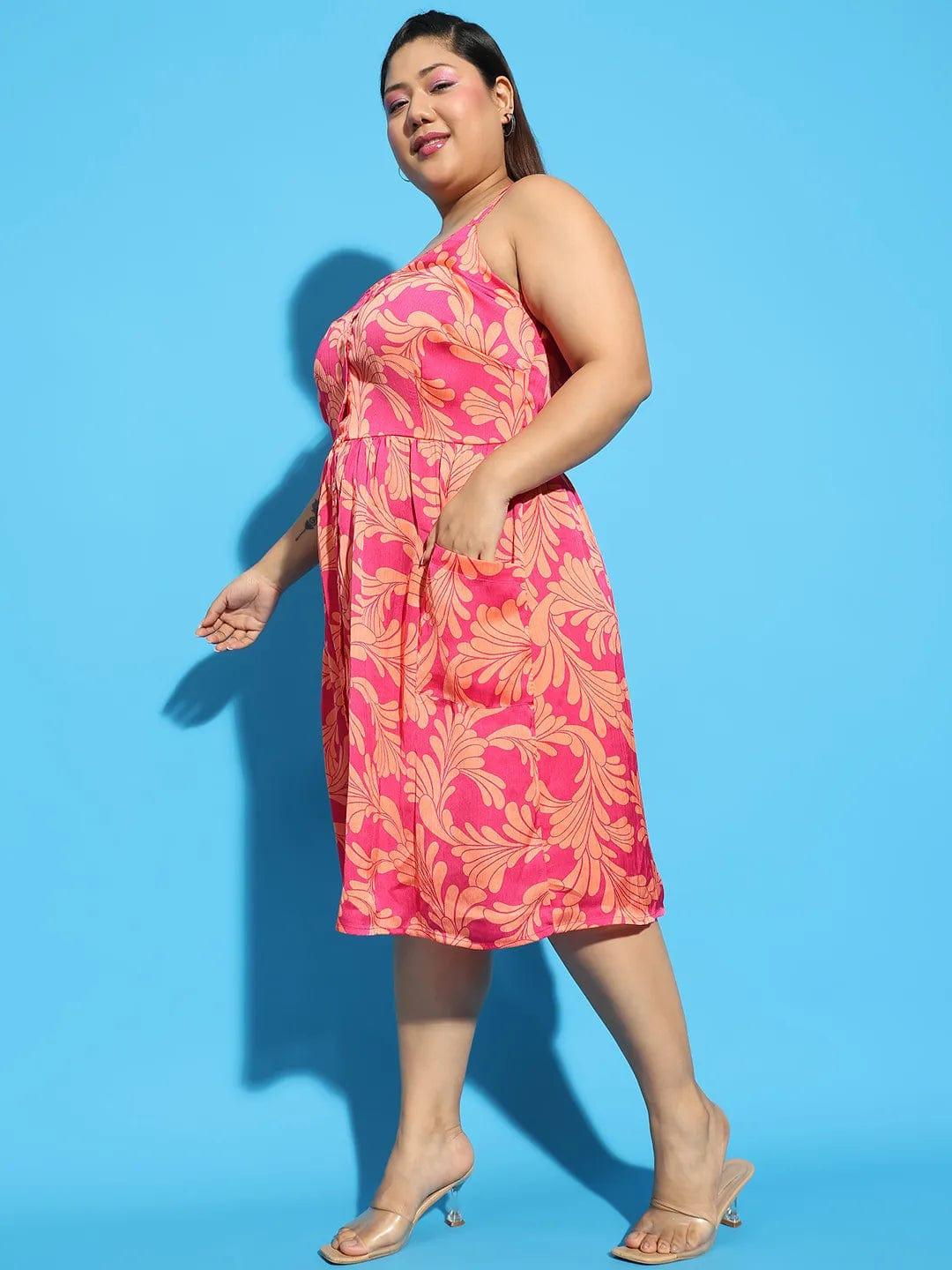 Bliss Pink Floral Print Button Down Knee Length Plus Size Curvy Women Dress