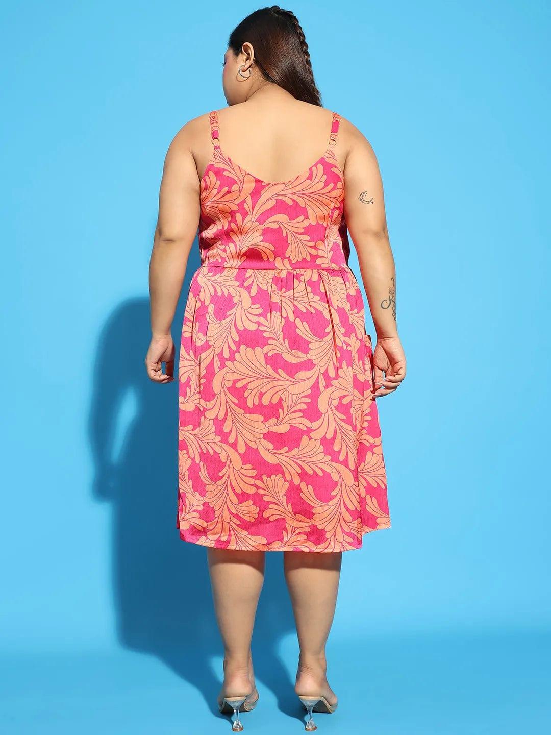 Bliss Pink Floral Print Button Down Knee Length Plus Size Curvy Women Dress