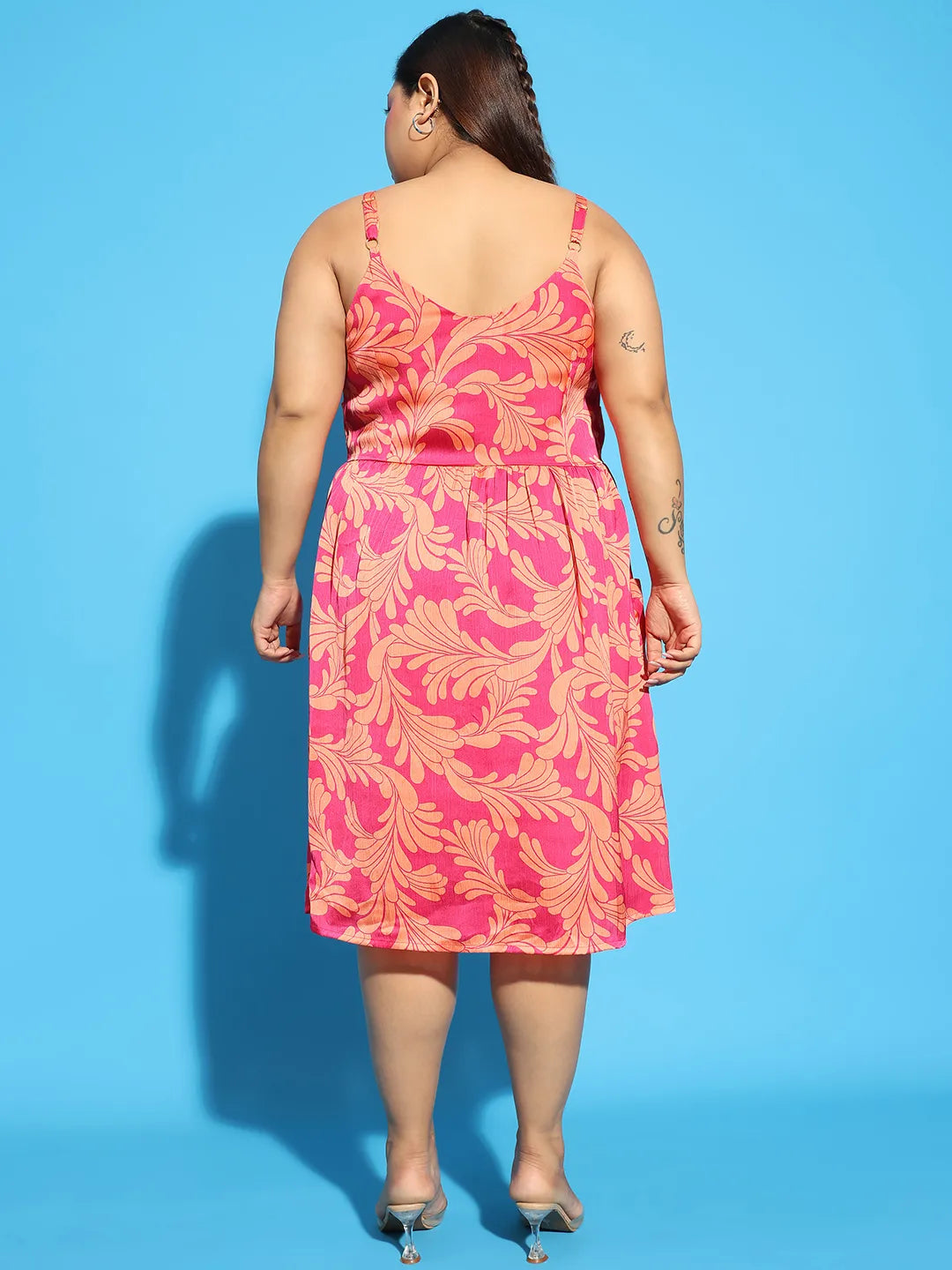 Bliss Pink Floral Print Button Down Knee Length Plus Size Women Dress