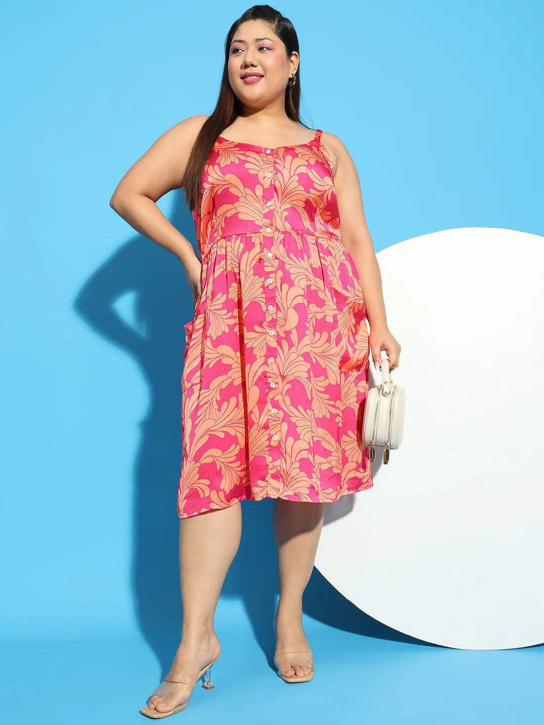 Bliss Pink Floral Print Button Down Knee Length Plus Size Women Dress