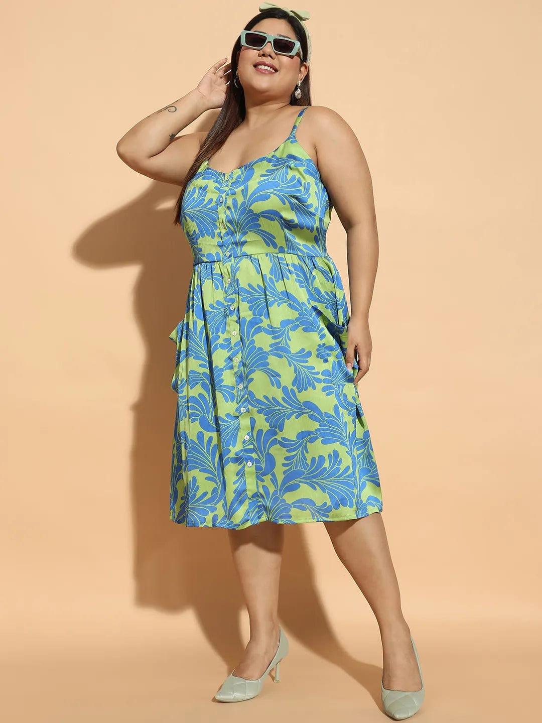 Aura Green Floral Print Button Down Knee Length Plus Size Curvy Women Dress