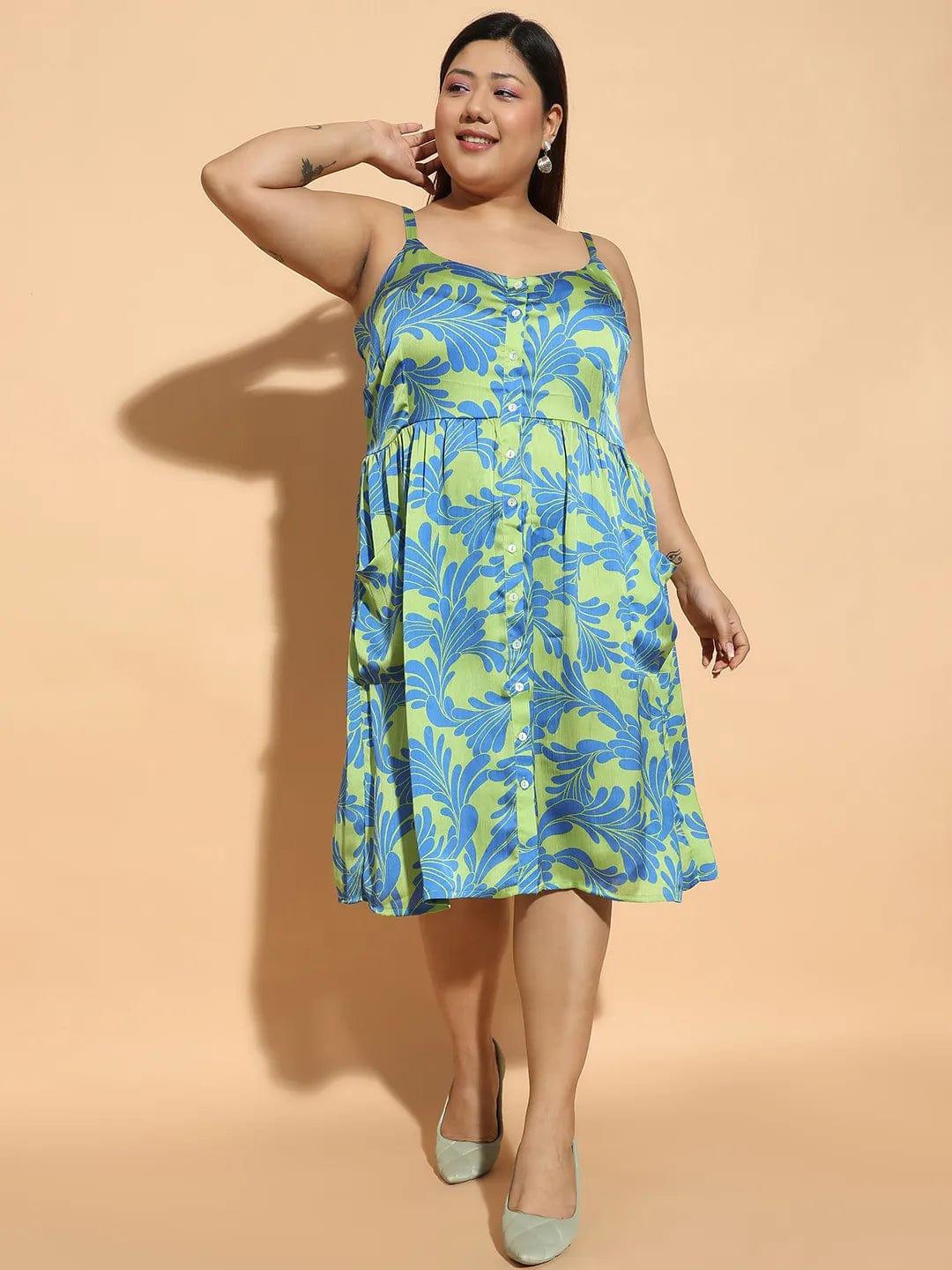 Aura Green Floral Print Button Down Knee Length Plus Size Curvy Women Dress