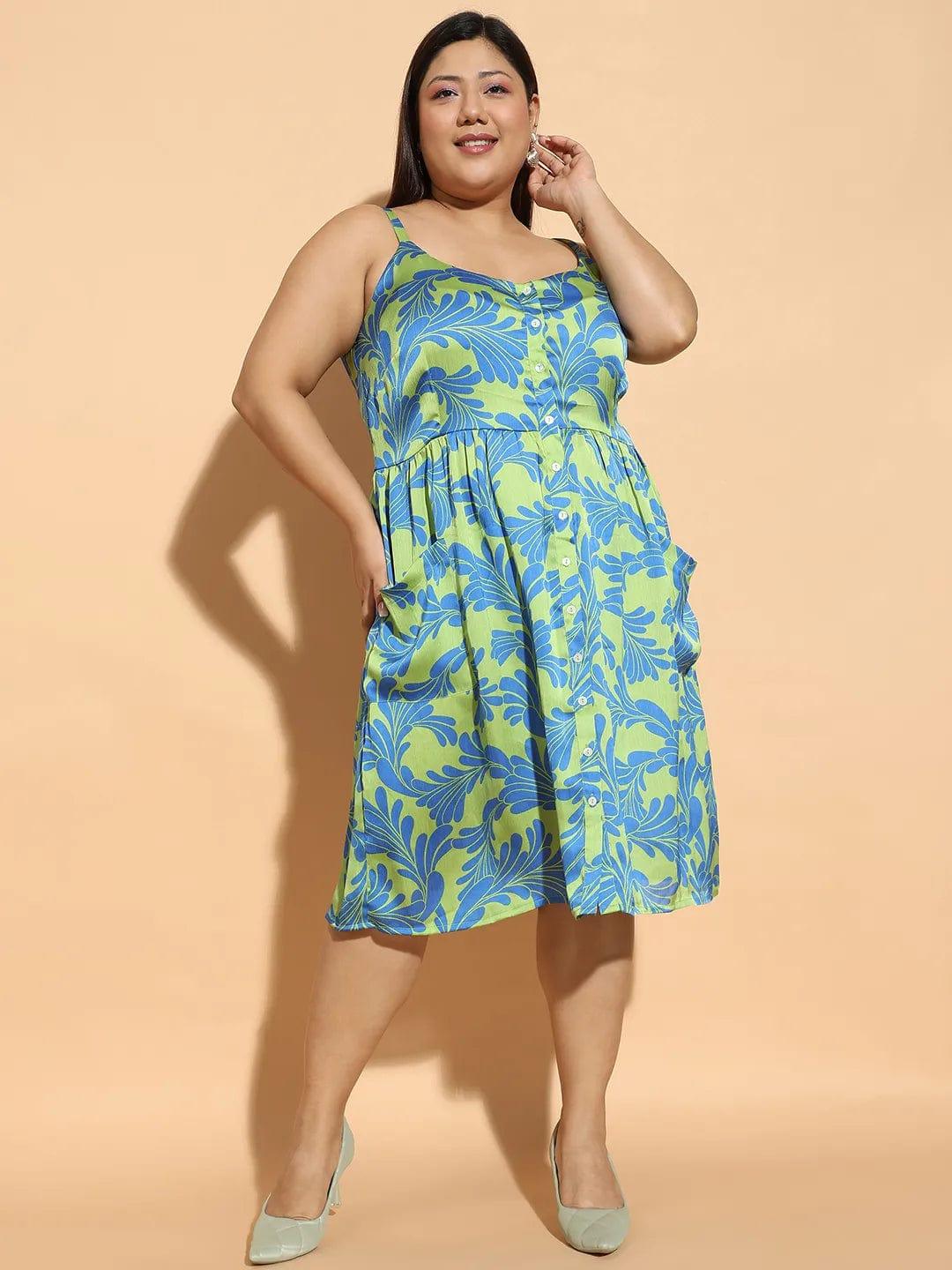 Aura Green Floral Print Button Down Knee Length Plus Size Curvy Women Dress