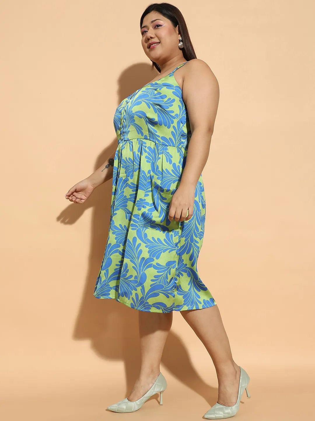 Aura Green Floral Print Button Down Knee Length Plus Size Curvy Women Dress