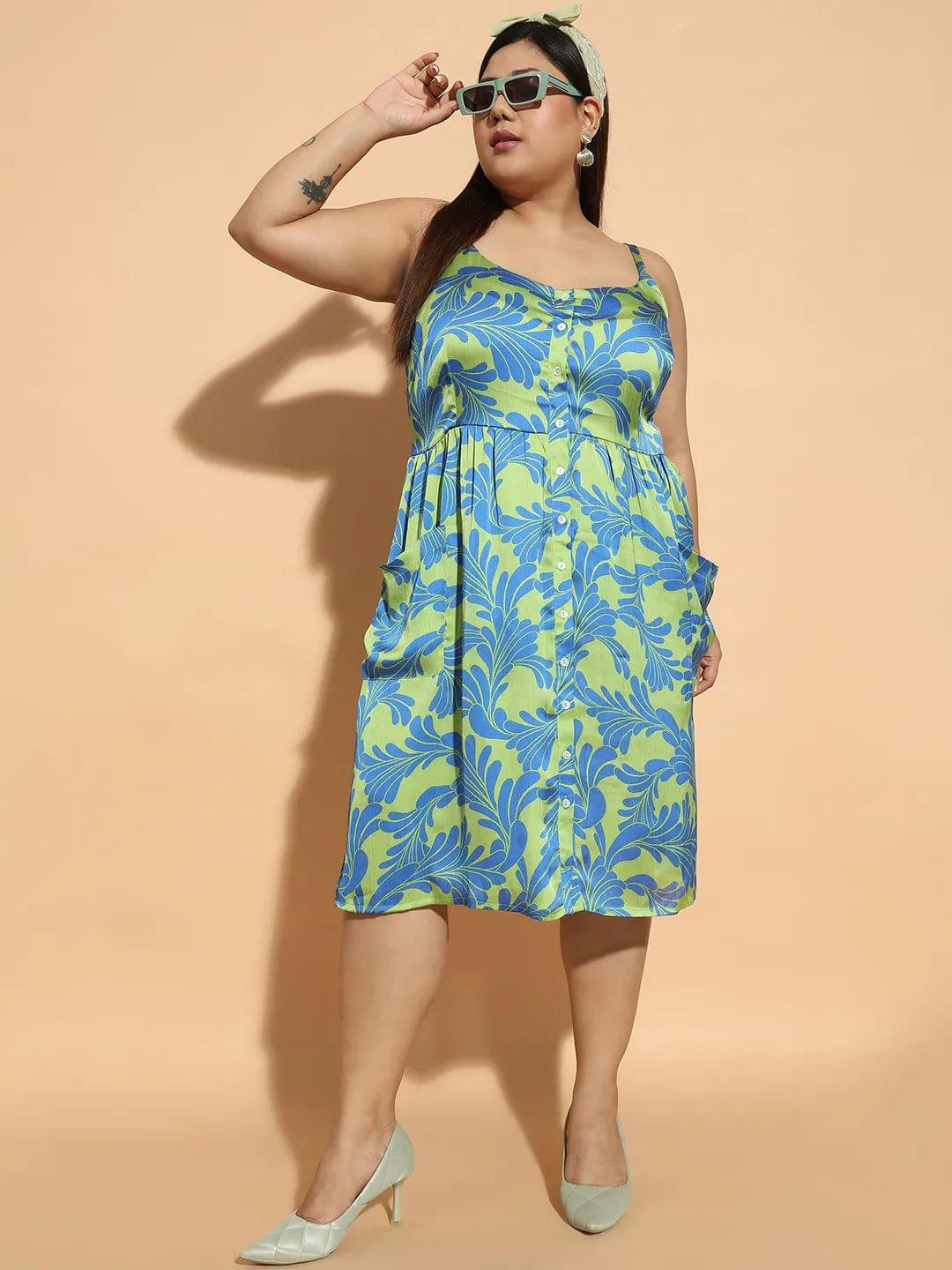 Aura Green Floral Print Button Down Knee Length Plus Size Curvy Women Dress