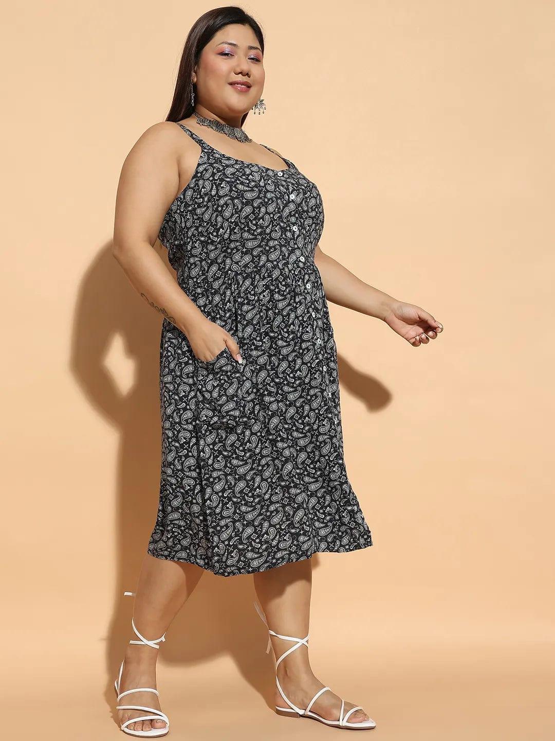 Zenith Black Floral Print Button Down Knee Length Plus Size Curvy Women Dress