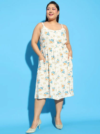 Sunflare White Floral Print Button Down Knee Length Plus Size Women Dress