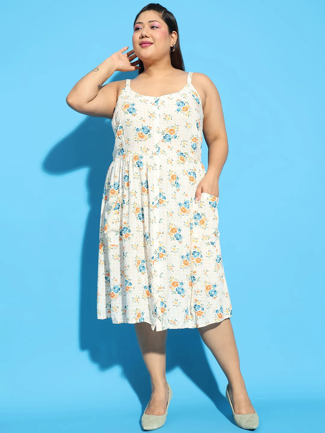 Sunflare White Floral Print Button Down Knee Length Plus Size Women Dress