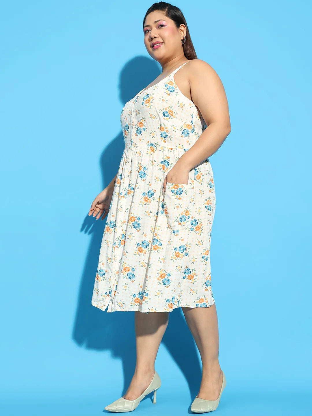 Sunflare White Floral Print Button Down Knee Length Plus Size Women Dress