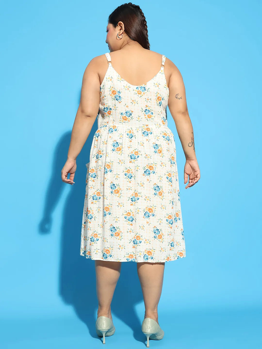 Sunflare White Floral Print Button Down Knee Length Plus Size Women Dress