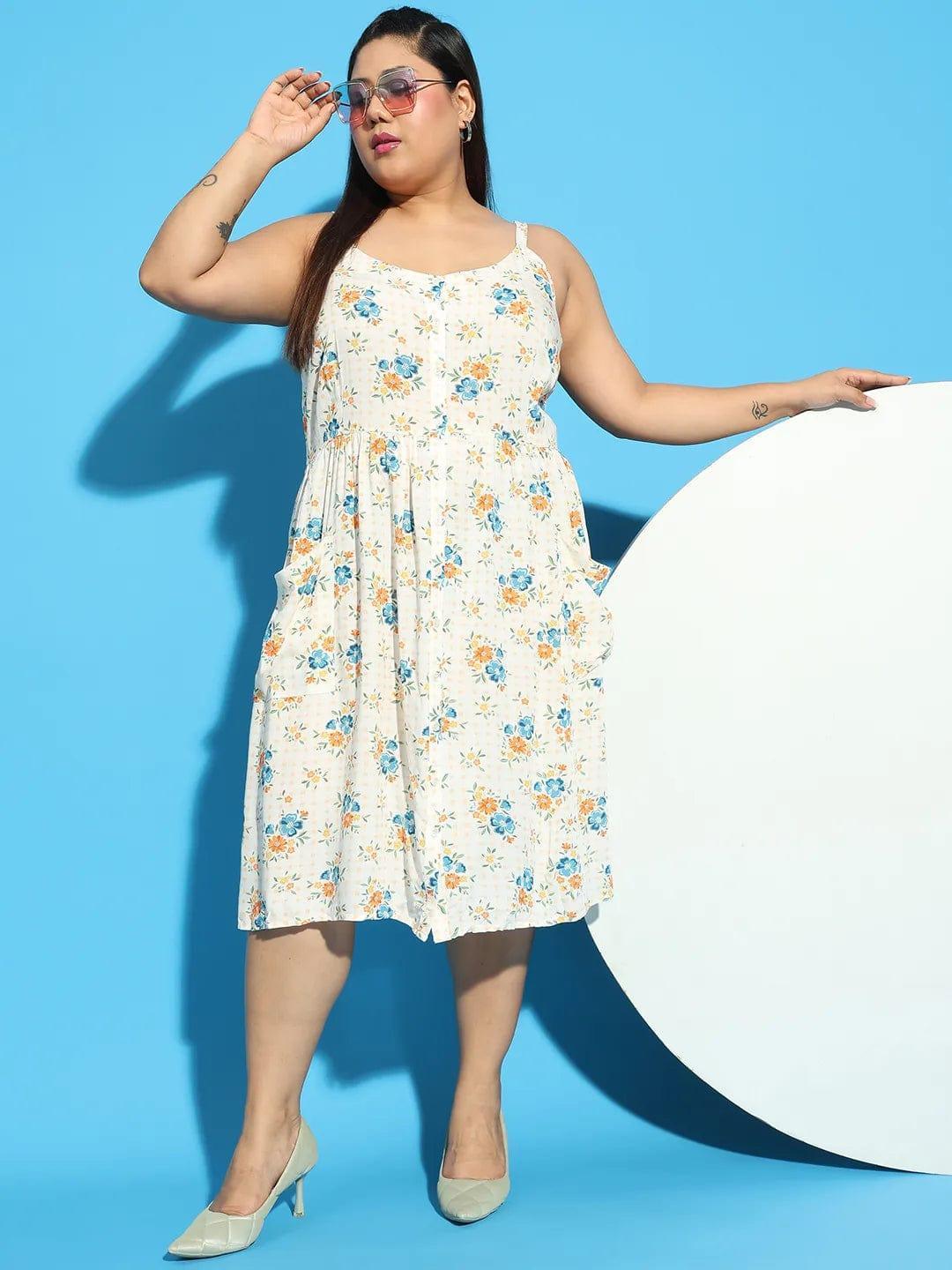 Sunflare White Floral Print Button Down Knee Length Plus Size Curvy Women  Dress