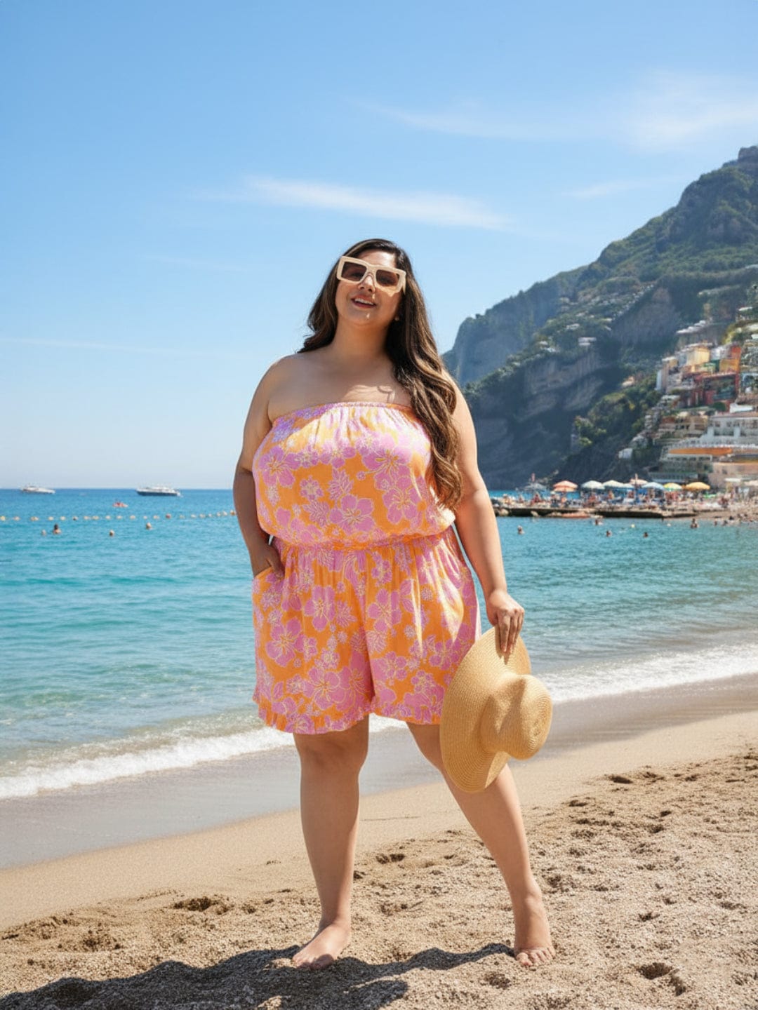 Multicolor Floral Print Off-Shoulder Plus Size Women Playsuit