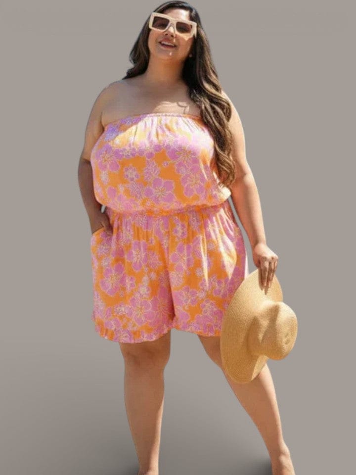 Multicolor Floral Print Off-Shoulder Plus Size Women Playsuit