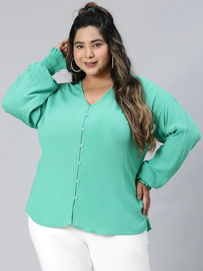 Fresh Green Long Sleeve Plus Size Shirt for Women