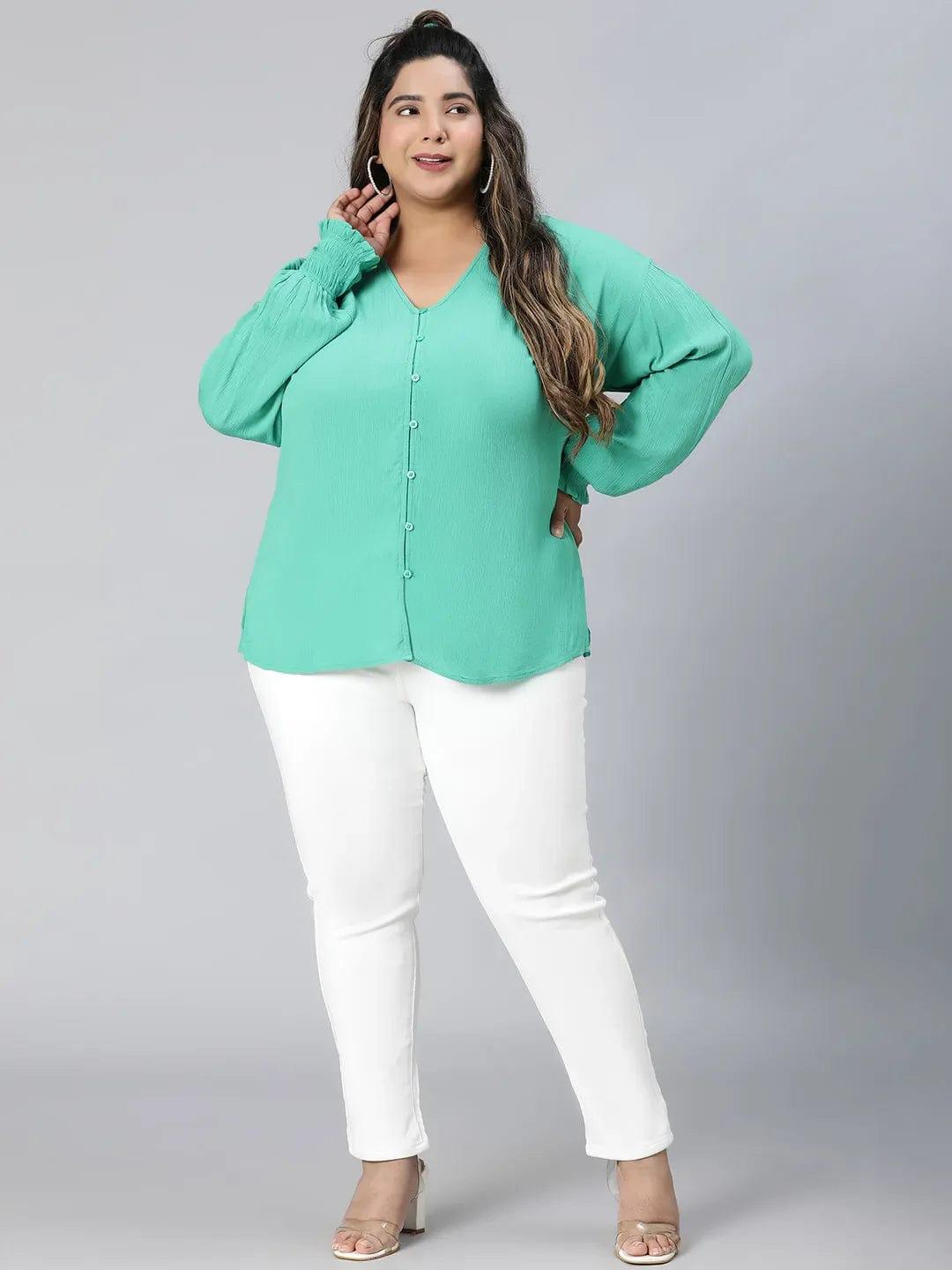 Fresh Green Long Sleeve Plus Size Shirt for Women Loopy Top