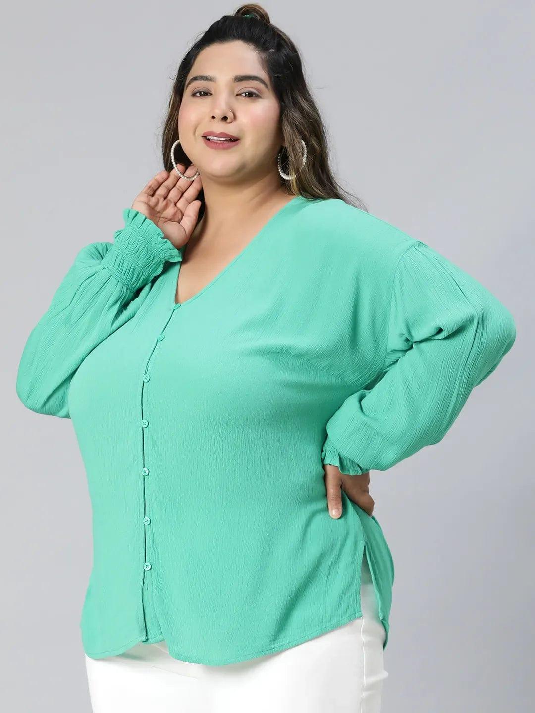 Fresh Green Long Sleeve Plus Size Shirt for Women Loopy Top