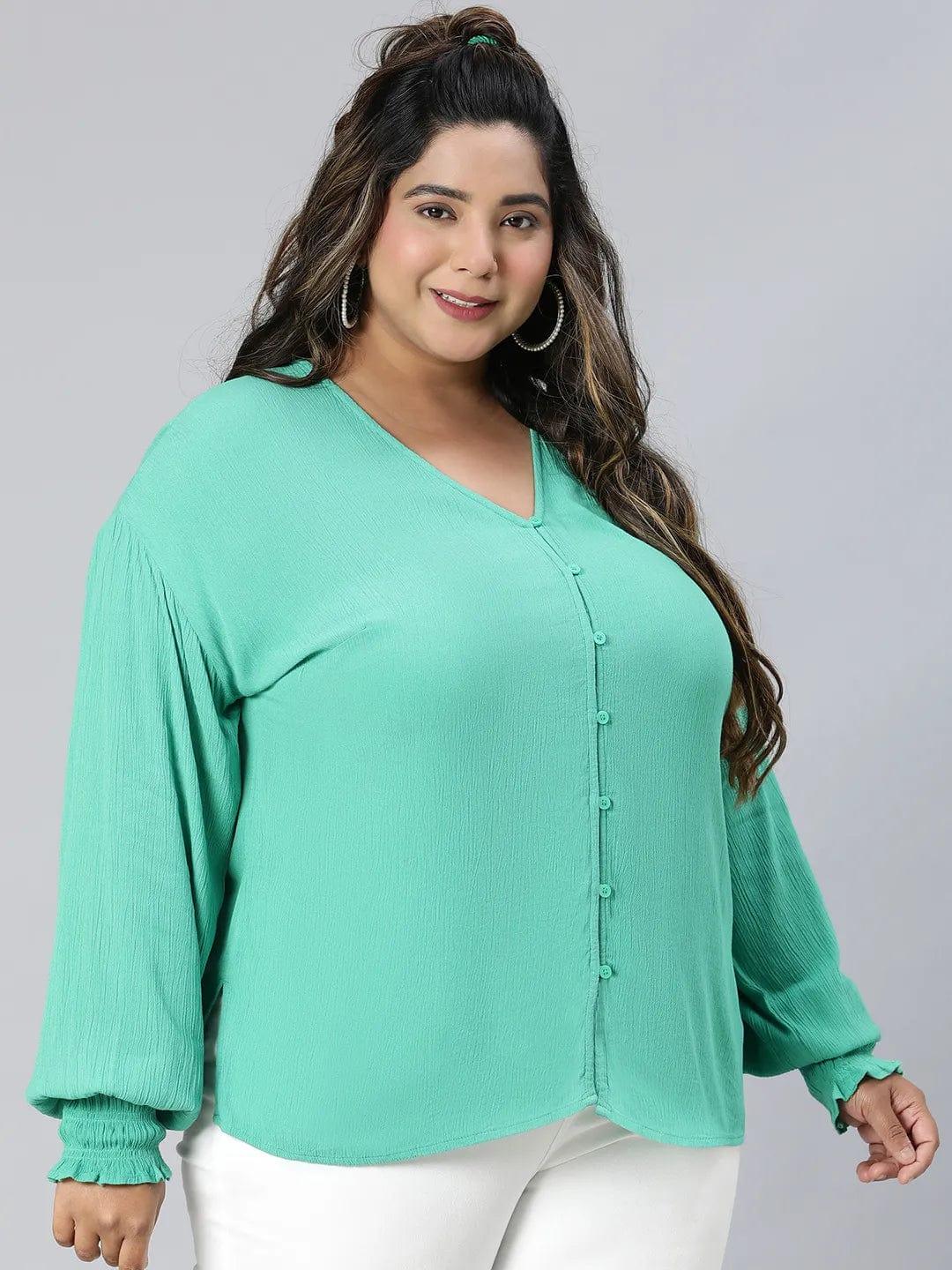 Fresh Green Long Sleeve Plus Size Shirt for Women Loopy Top