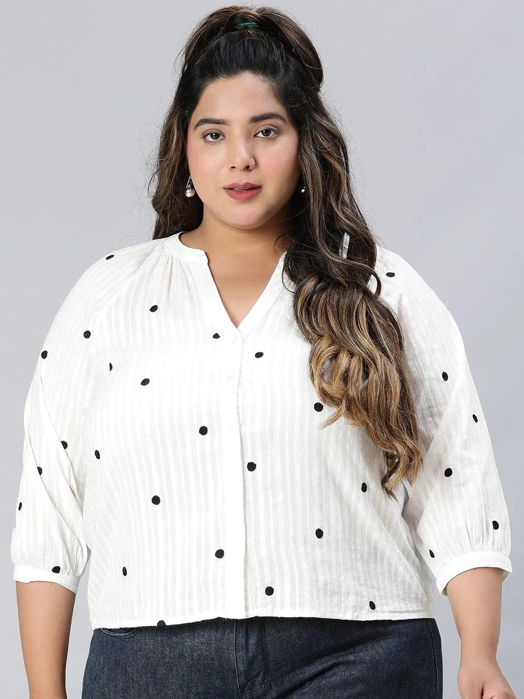 Super White Dot Print Plus Size Cotton Loopy Top