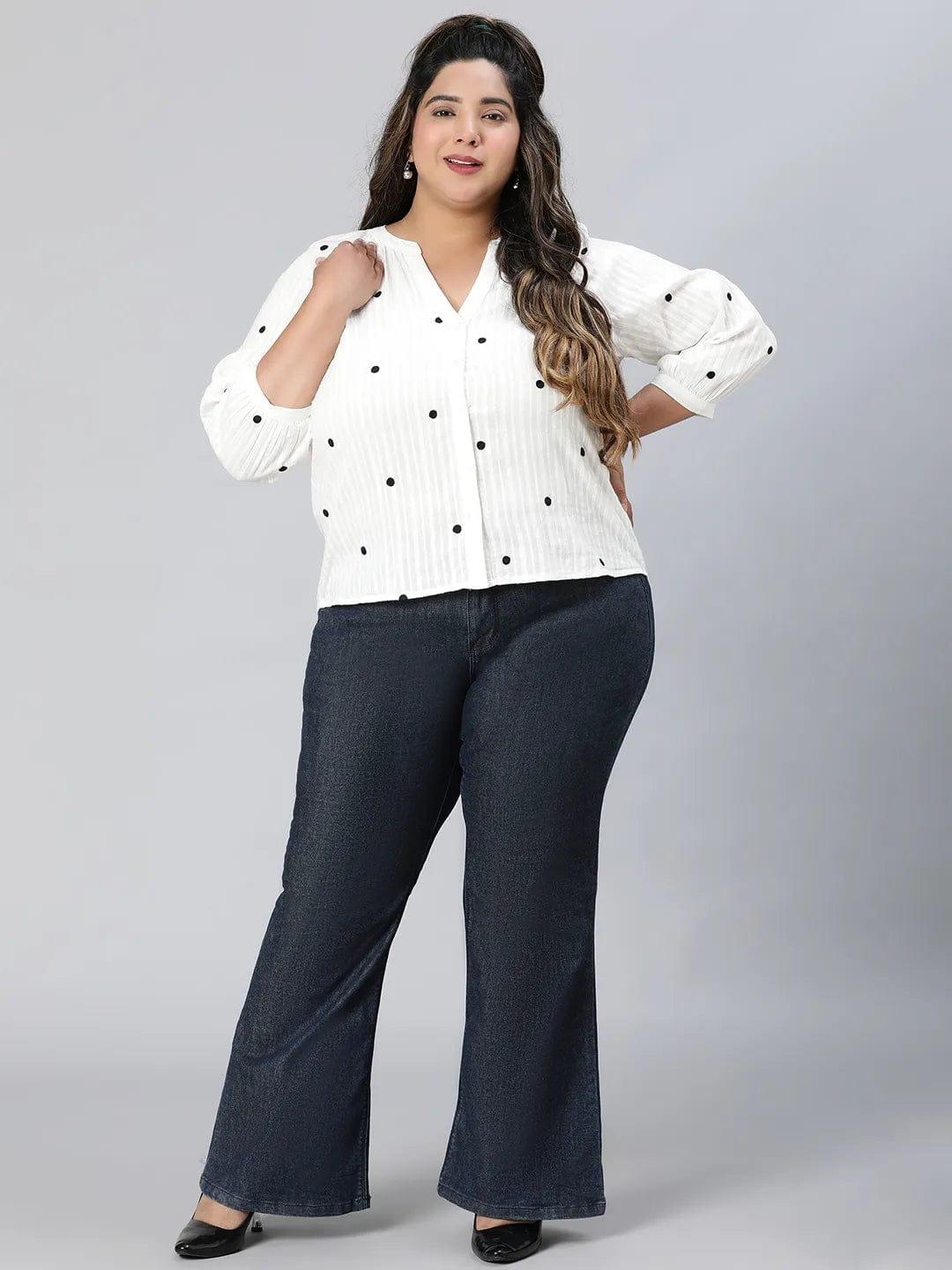 Super White Dot Print Plus Size Cotton Loopy Top