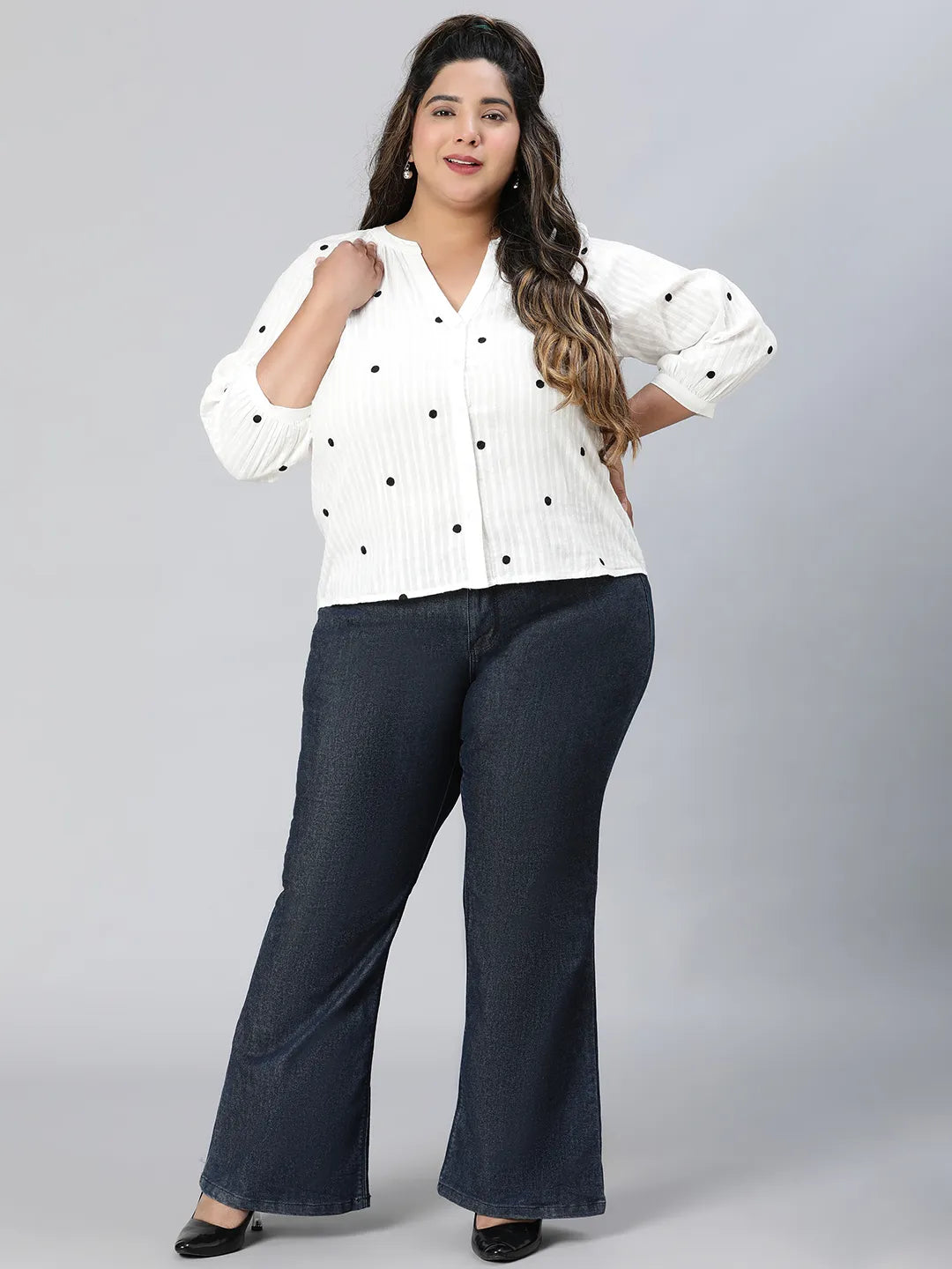 Super White Dot Print Plus Size Cotton Top