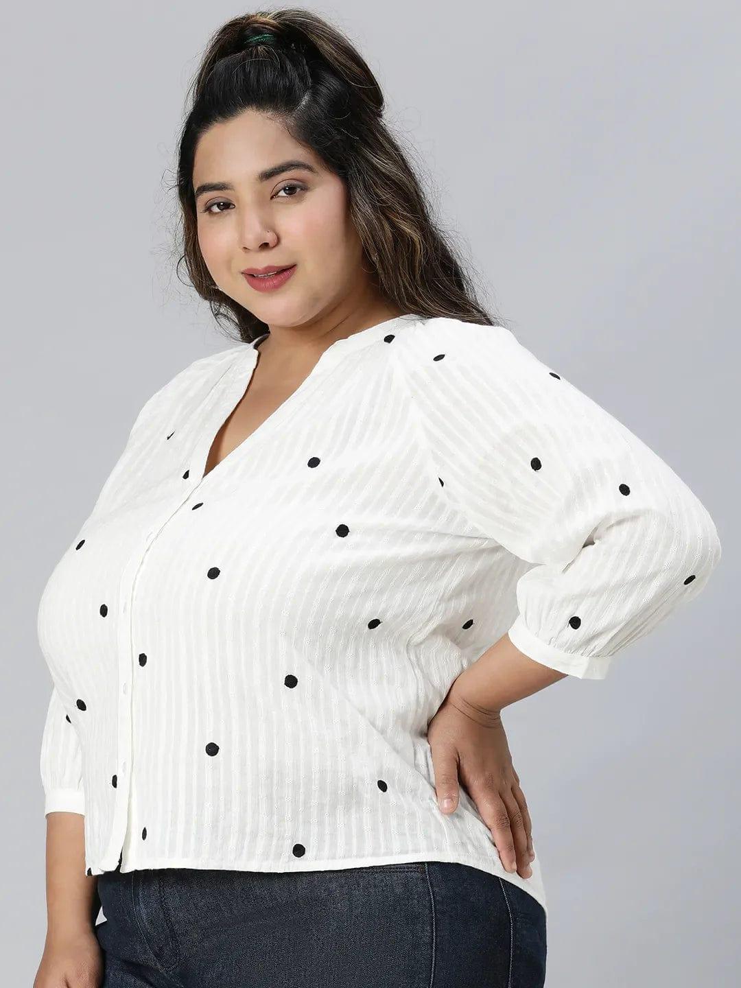 Super White Dot Print Plus Size Cotton Loopy Top