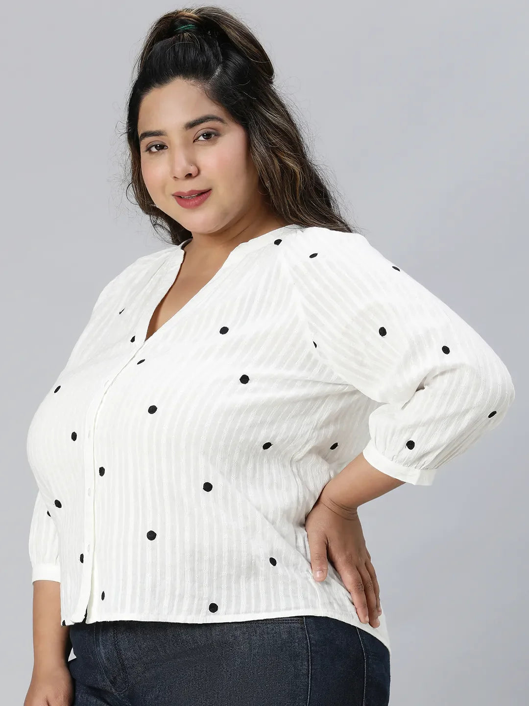 Super White Dot Print Plus Size Cotton Top