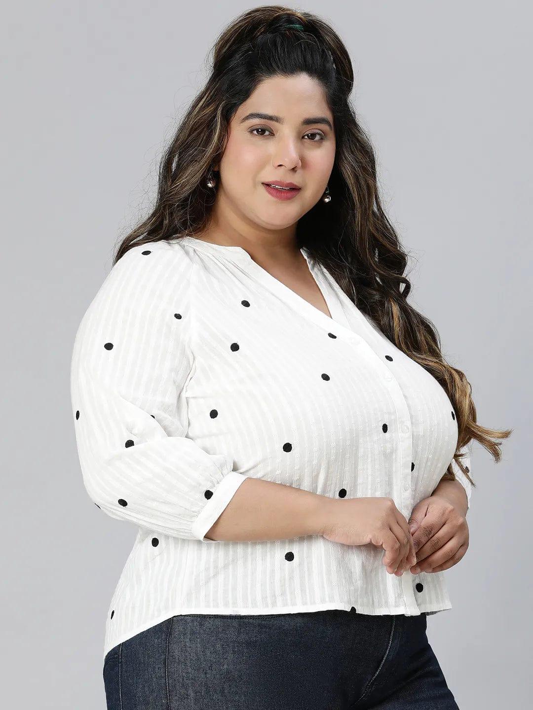 Super White Dot Print Plus Size Cotton Loopy Top