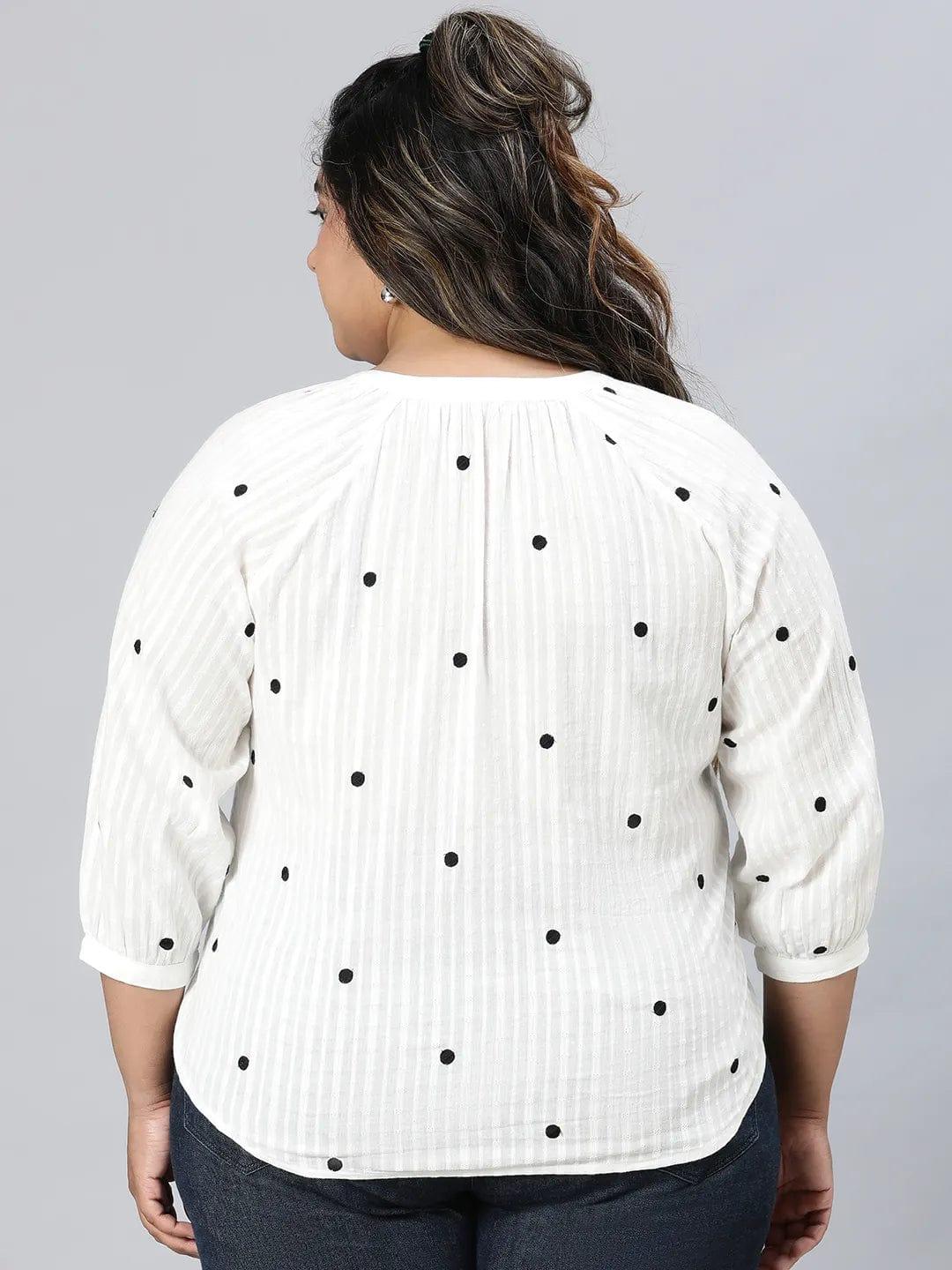 Super White Dot Print Plus Size Cotton Loopy Top