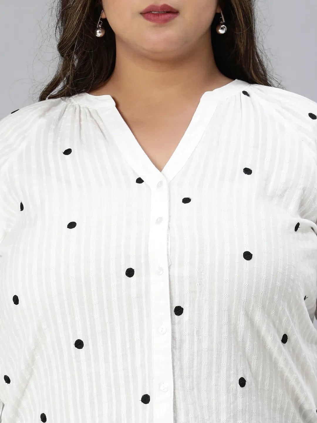 Super White Dot Print Plus Size Cotton Loopy Top