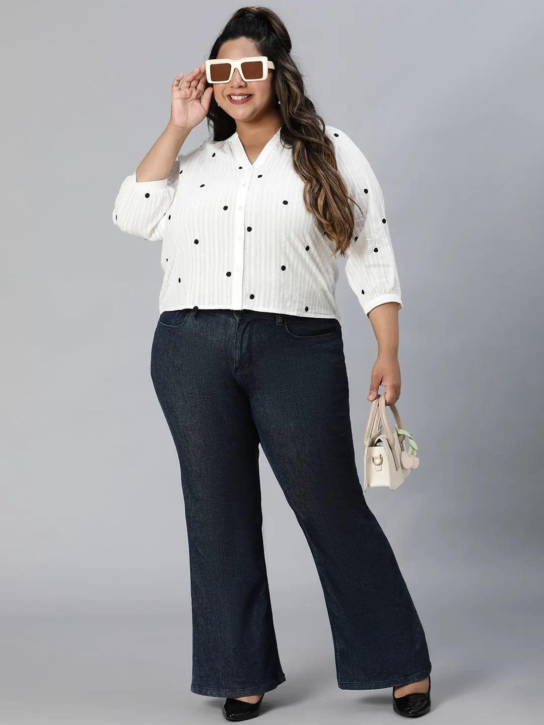 Super White Dot Print Plus Size Cotton Loopy Top