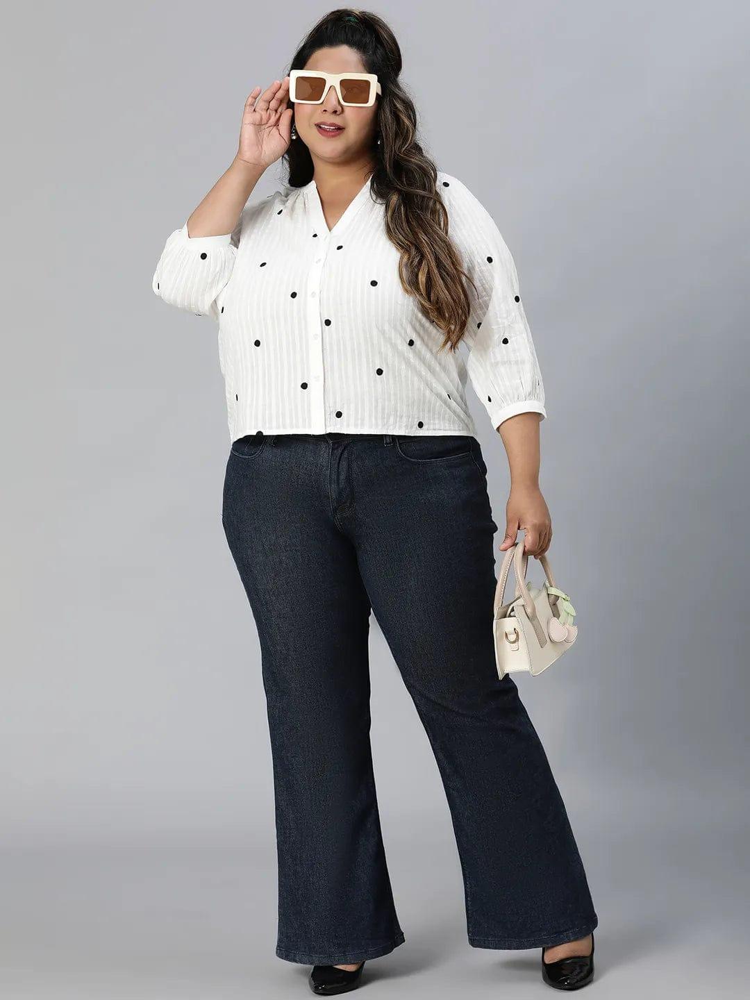 Super White Dot Print Plus Size Cotton Loopy Top