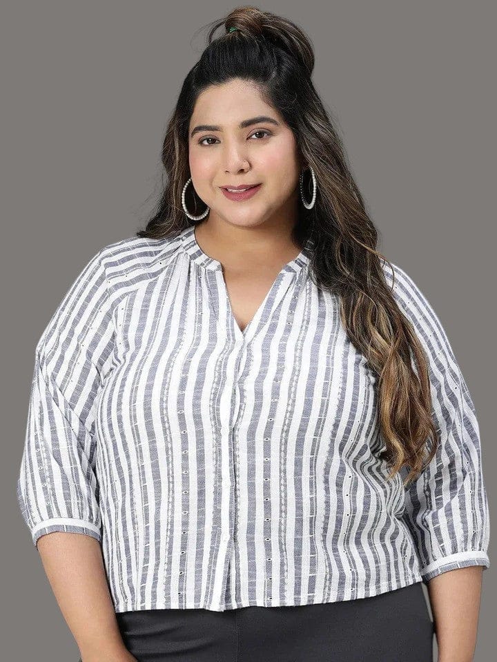 Plus Size Cotton Top - Blue Stripe Organic Cotton Blouse | Comfortable Office Wear