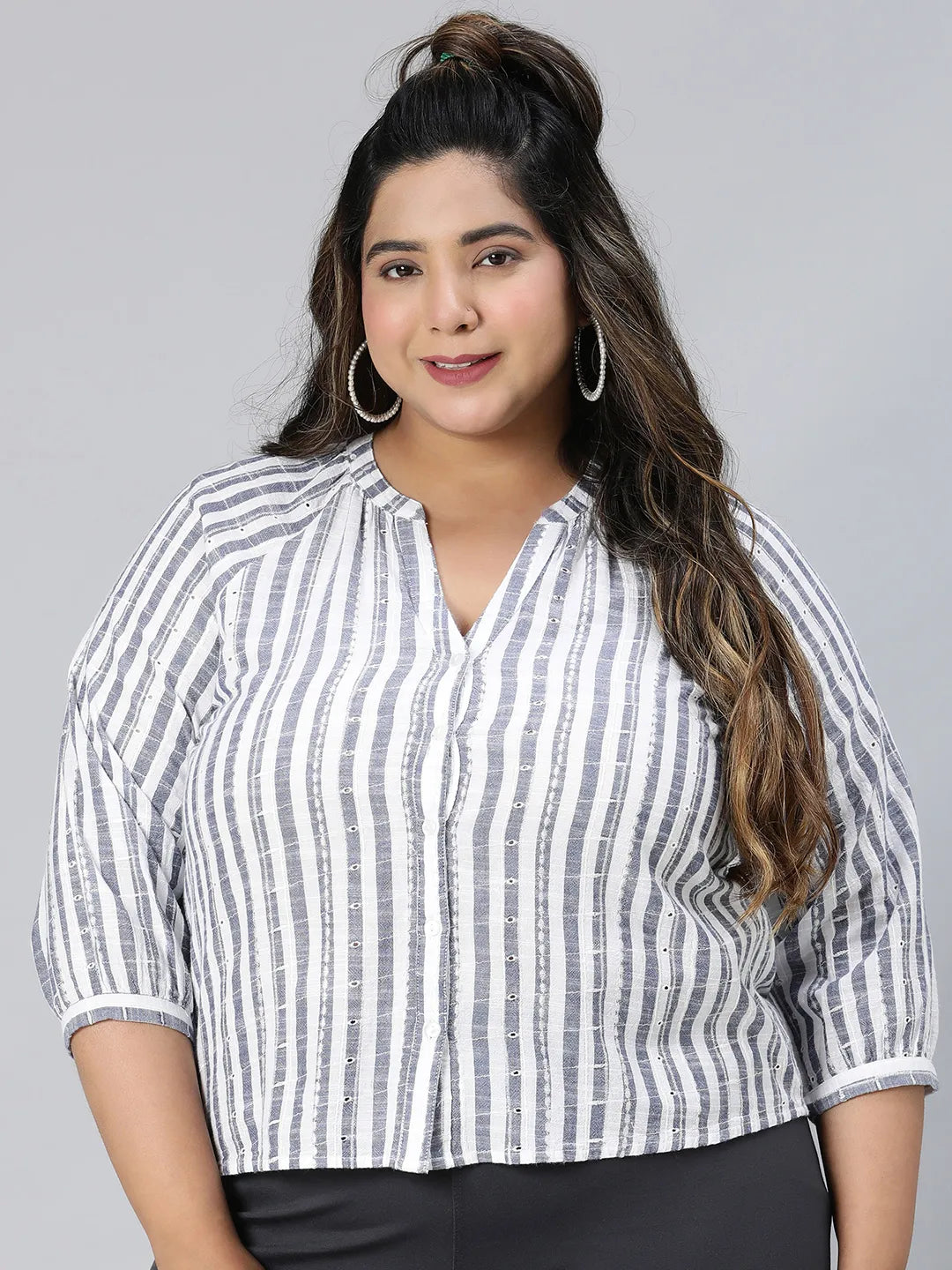 Iconic Blue Stripe Print Plus Size Cotton Top