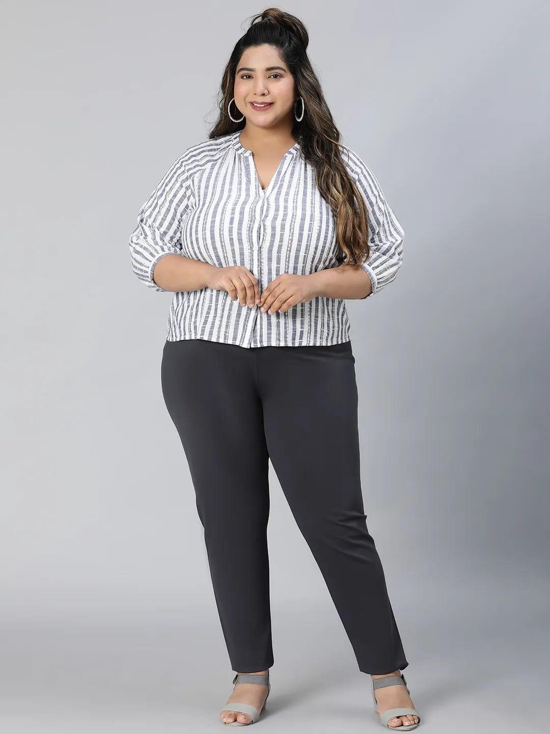 Iconic Blue Stripe Print Plus Size Cotton Loopy Top