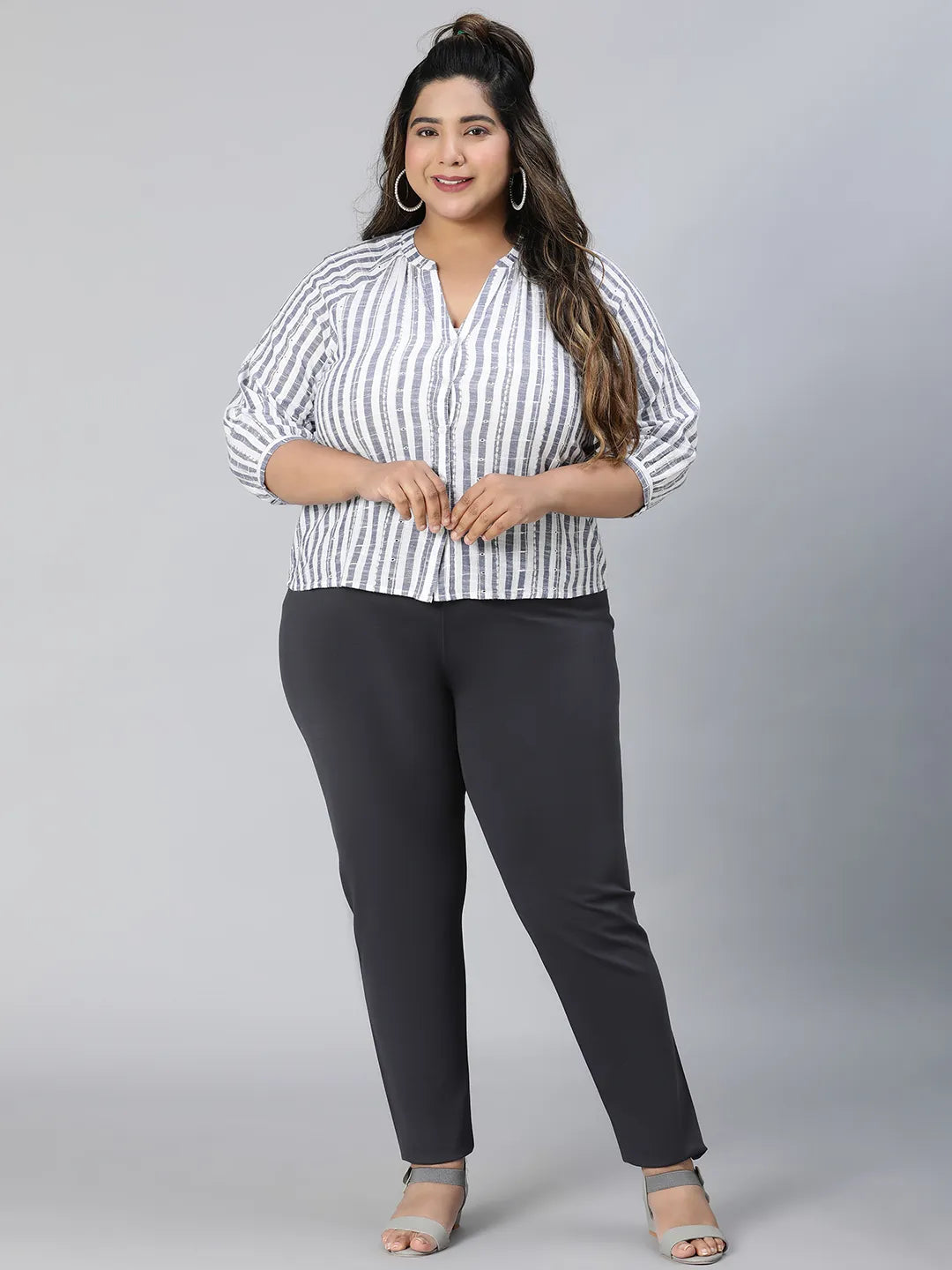 Iconic Blue Stripe Print Plus Size Cotton Top