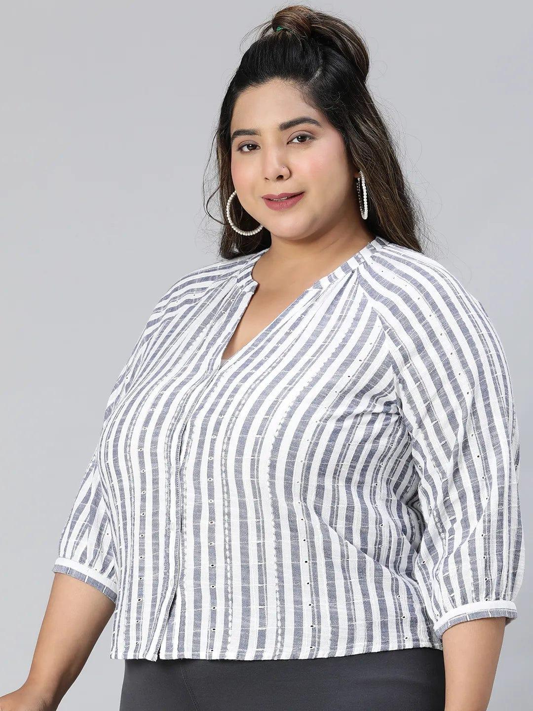 Iconic Blue Stripe Print Plus Size Cotton Loopy Top