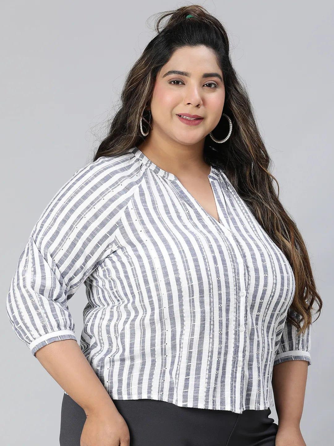 Iconic Blue Stripe Print Plus Size Cotton Loopy Top