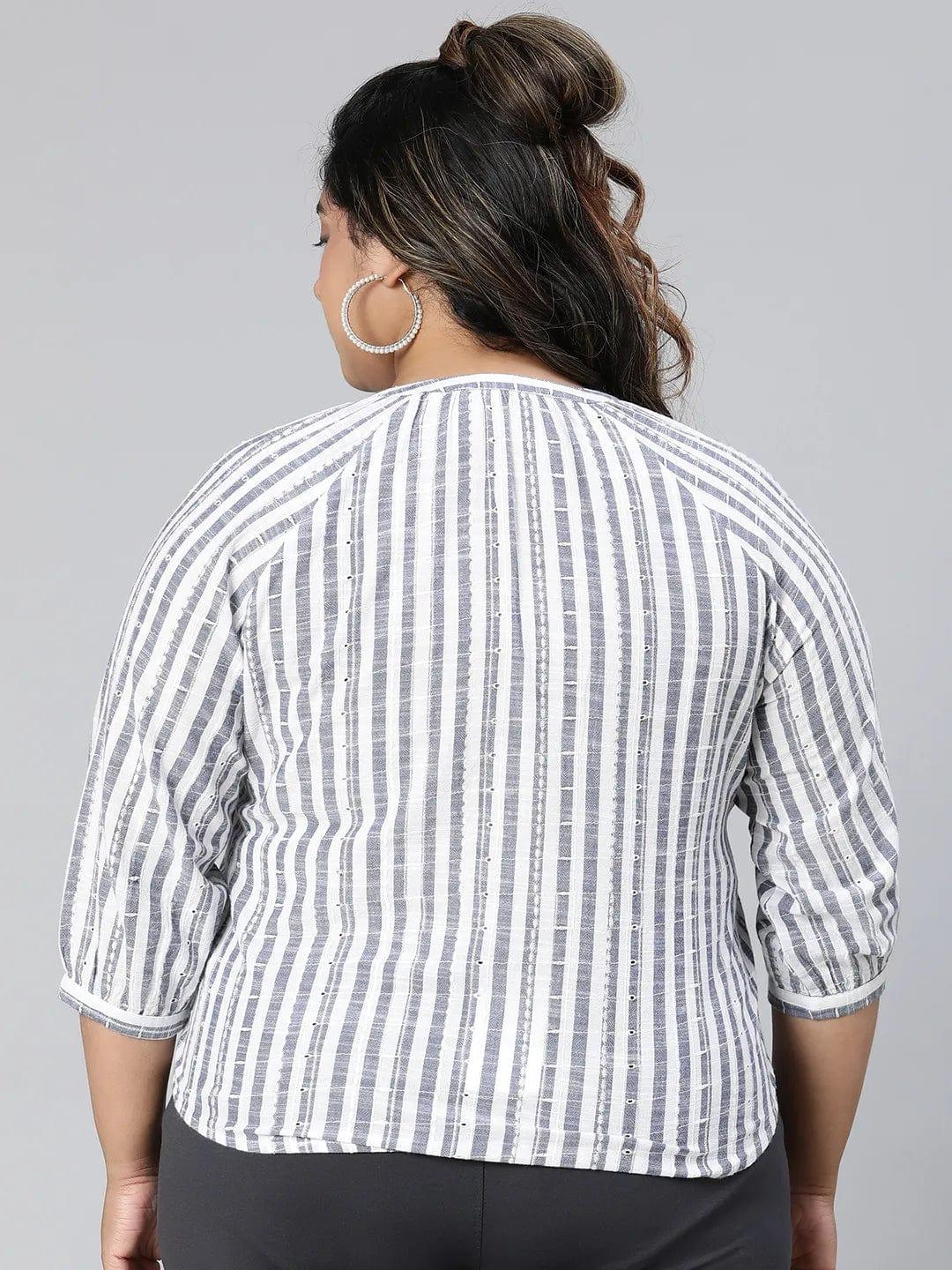 Iconic Blue Stripe Print Plus Size Cotton Loopy Top