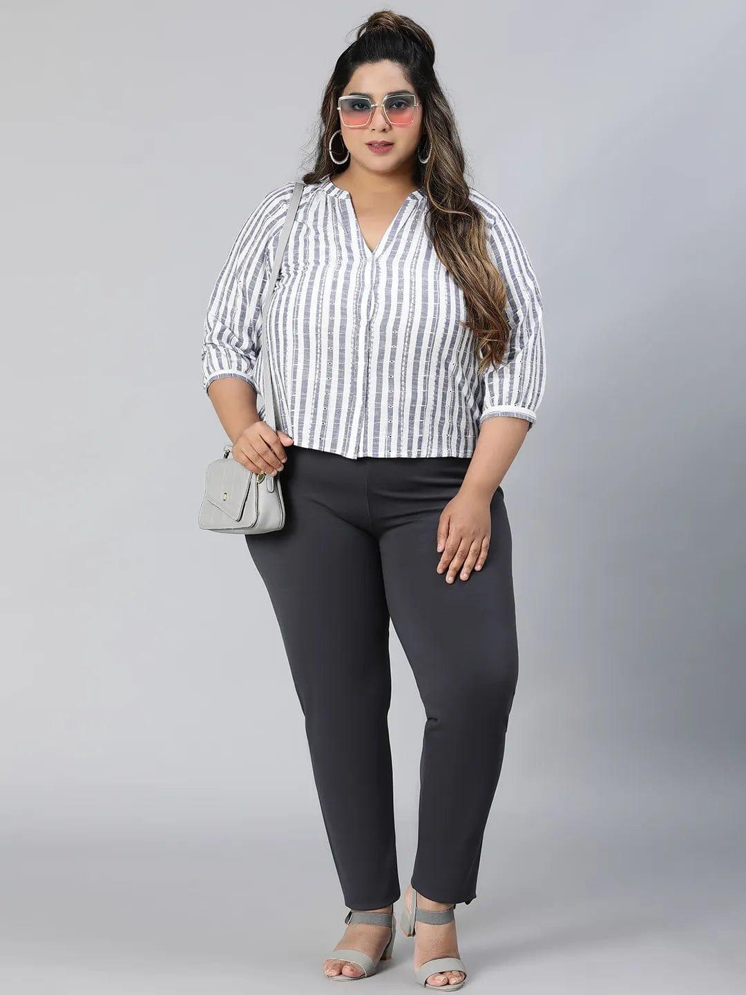 Iconic Blue Stripe Print Plus Size Cotton Loopy Top