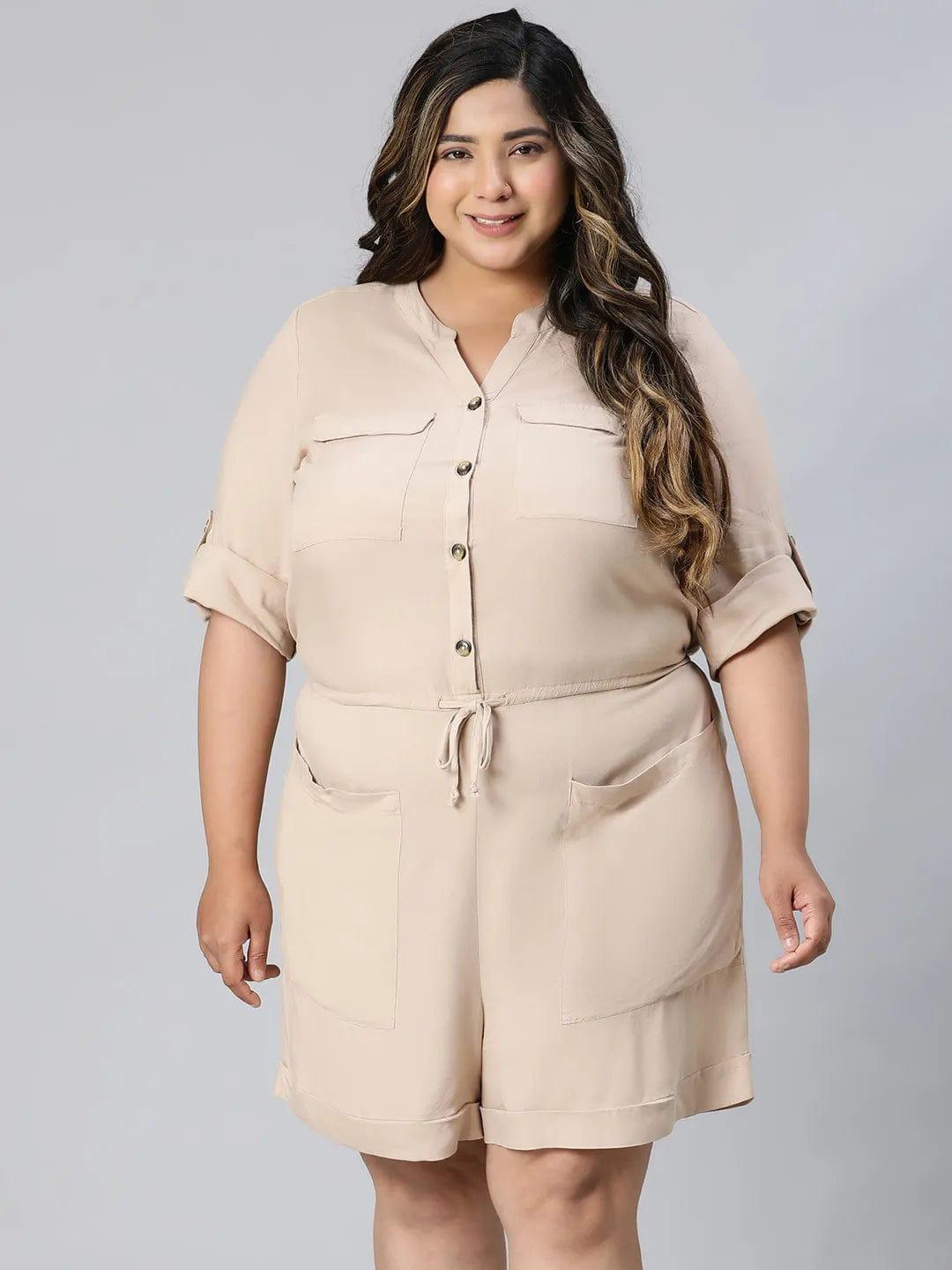 Beige Three-Quarter Sleeve Pocket Plus Size Curvy Playsuit