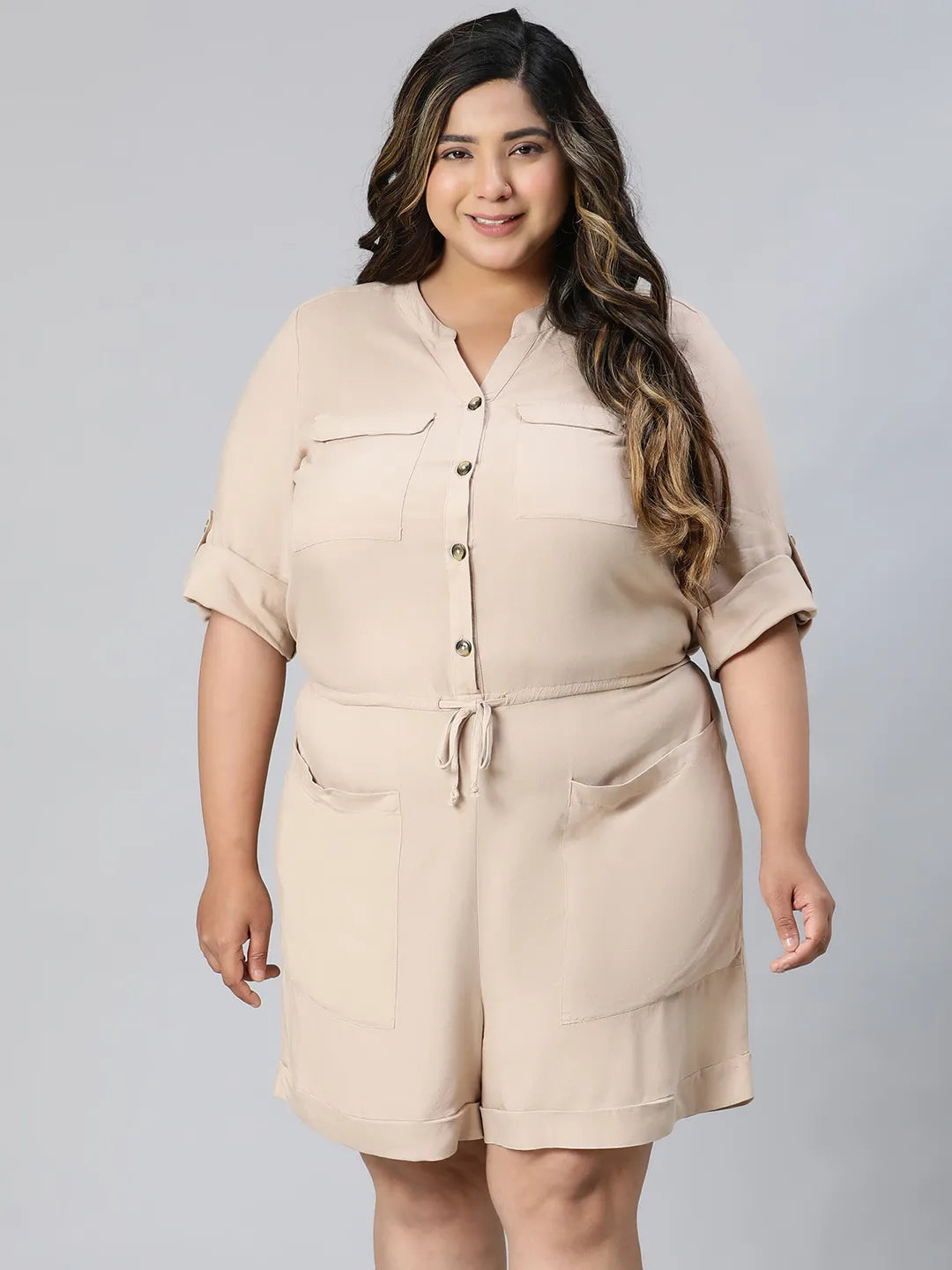 Beige Three-Quarter Sleeve Pocket Plus Size Playsuit