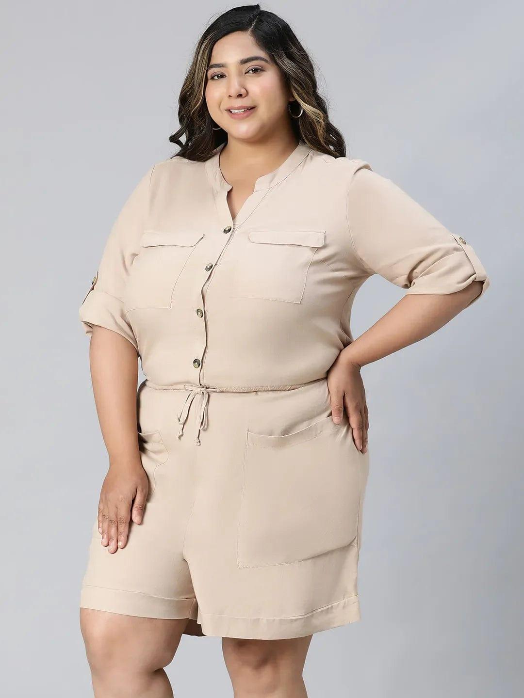 Beige Three-Quarter Sleeve Pocket Plus Size Curvy Playsuit